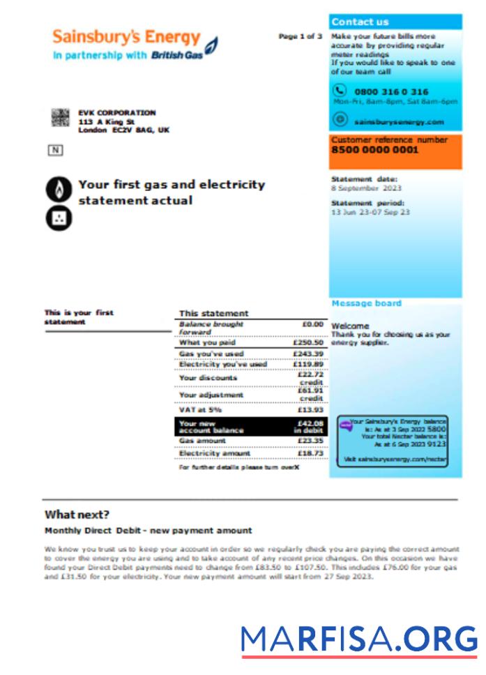 Blank Sainsbury Energy (British Gas) business utility bill, page 1, SCR download for verification